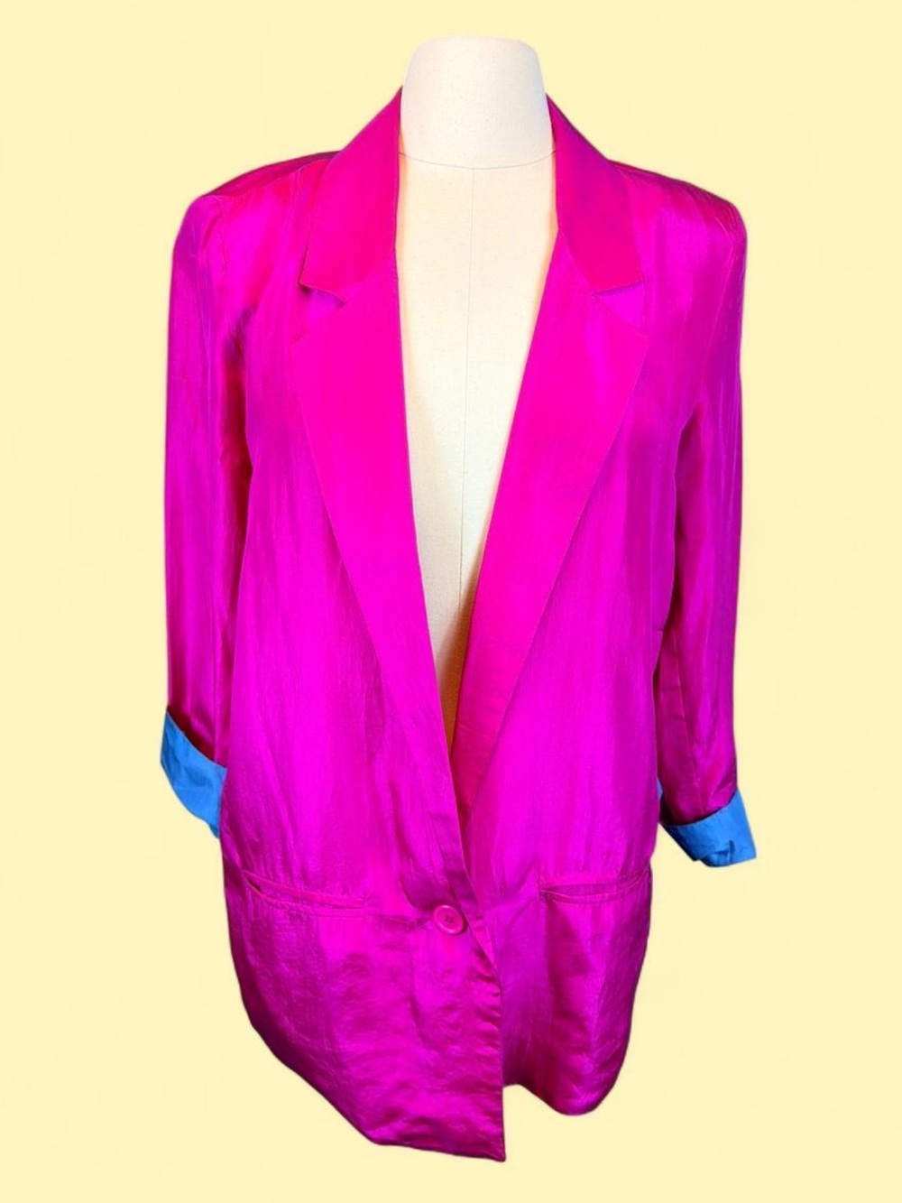 Vintage 1990s Just Silk Hot Pink 100% Silk Blazer Size S Fuchsia Turquoise Cuffs